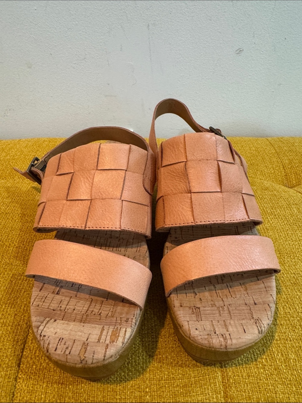 Peach Woven Leather Cork Sandals
